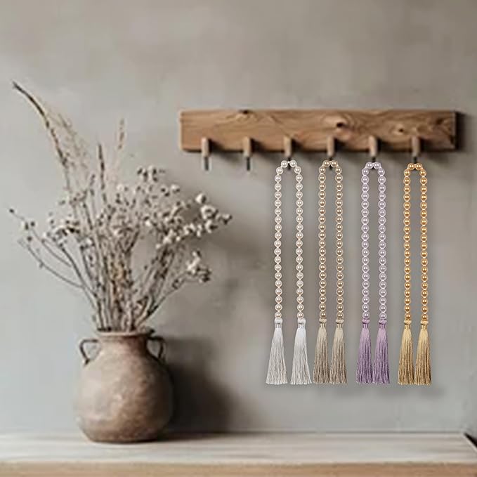 34 Inch Pearl Glass Bead Garland with Tassels - Elegant Boho Table Decor, Fringe Wall Hanging for Wedding, Party, Farmhouse Rustic Prayer Bead Home Decoration(1 Pack,Purple)