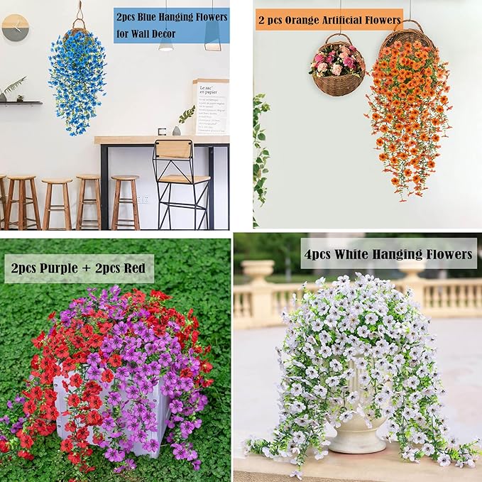 Artificial Hanging Flowers for Outdoors Fake Plants Decoration, 2 Packs Faux Silk Daisy Flower Realistic Outdoor Flowers UV Resistant Porch Patio Window Yard Indoor Spring Decor(Purple)
