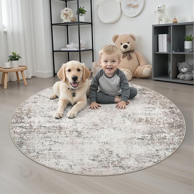 Round Area Rug for Living Room: 5 ft Washable Modern Abstract Soft Thin Rug Indoor Floor No Slip Stain Resistant Carpet for Bedroom Dining Room Farmhouse Nursery Home Office - Brown Grey