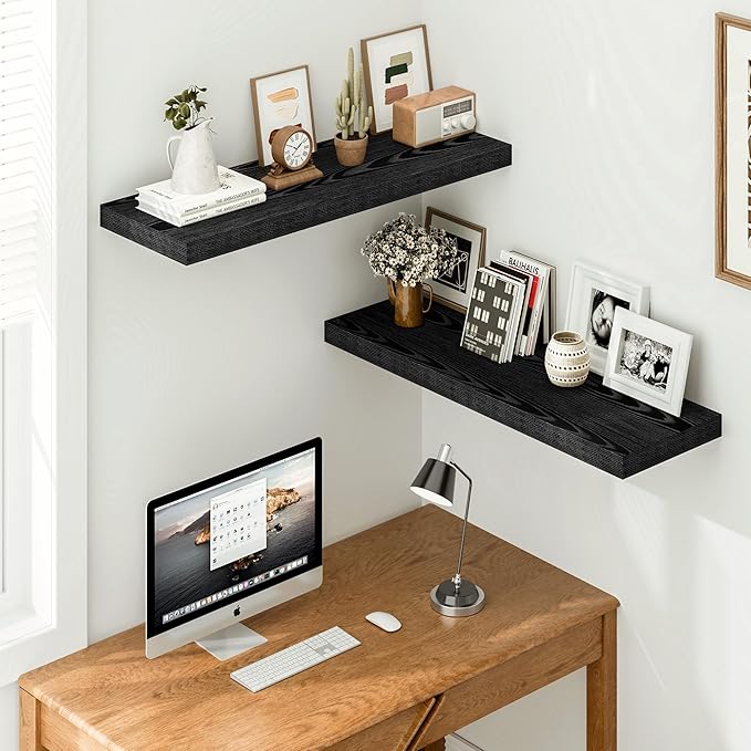 Vivelove Black Floating Shelves, 12" Deep Wall Shelves for Bedroom, Living Room, Kitchen, Office, Rustic Home Decor Shelf with Invisible Brackets, 36X12X1.5, Set of 2