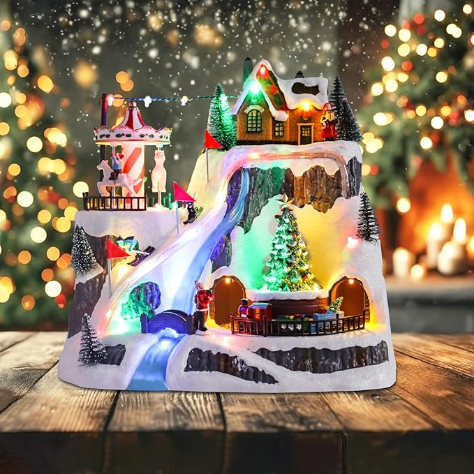 WONDER GARDEN Christmas Village Houses-Christmas Houses Village - Lighted Musical Ski Resort Collectible Buildings with Moving Train, Rotating Tree and Carousel for Indoor Decor or Gift