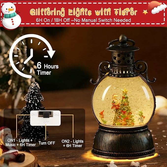 Christmas Snow Globe Lantern - Lighted Musical Water Globes with 6H Timer, Glittering Swirling Santa & Gnomes Scene, Battery/USB Powered Holiday Decoration for Indoor Christmas Decor & Gifts
