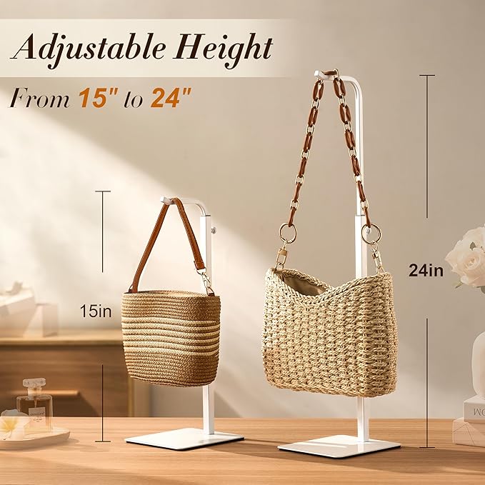 2 Pcs Purse Holder Handbag Display Stand: Hanger Rack Showing Bags, Purses, and Wreath, Adjustable Hook Stand for Tabletop, Closet, Desk, and Retail Use for Vendors, White