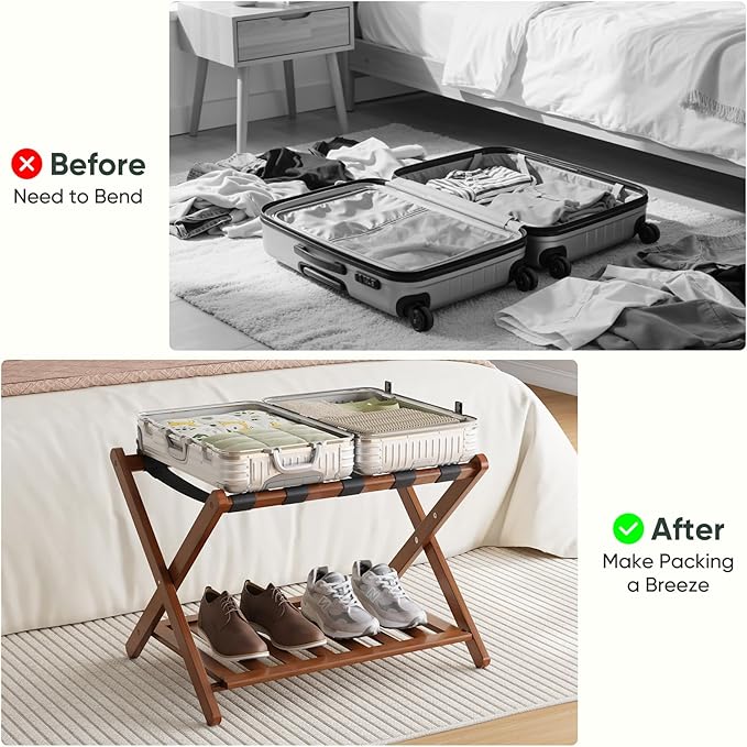 Bamboo Luggage Rack Fully Assembled, Folding Suitcase Stand with Shoe Shelf, Heavy-Duty Luggage Holder for Guest Room Must Haves, Bedroom, Hotel, Walnut