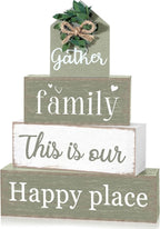Cinnvoice 4 Pcs Farmhouse Tabletop Decor Rustic Family Blessed Home Table Centerpiece This Is Us Sign for Kitchen Shelf Desk Fireplace Mantel Tiered Tray Decor(Gather Family This is Our Happy Place)