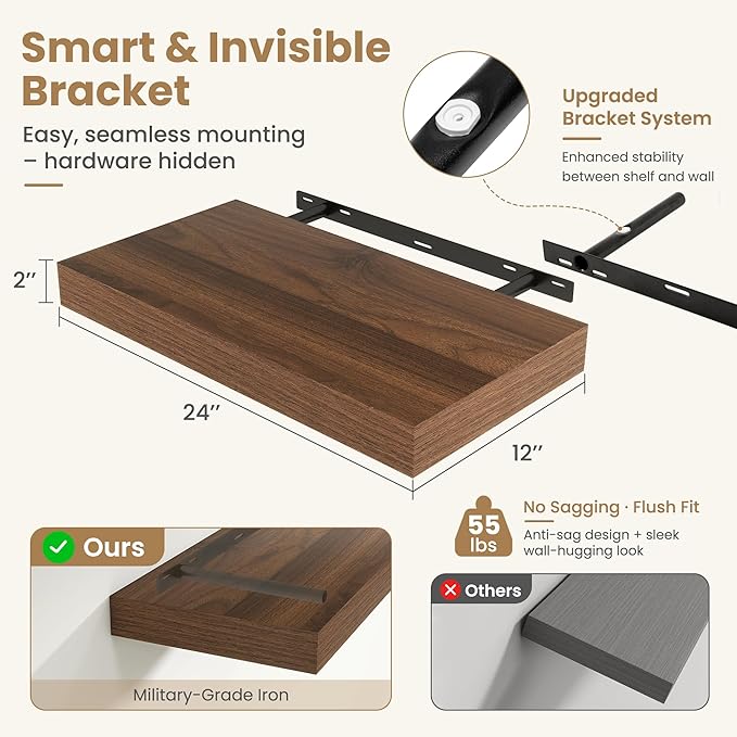 FLYJOE 24 Inch Long Floating Shelves for Wall Set of 2, 12" D Wood Grain Bathroom Shelves with Invisible Brackets, Easy Install Engineered Wood Storage Shelves for Kitchen, Living Room, Bedroom