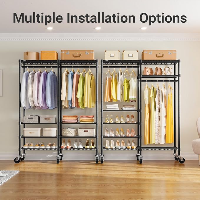 VIPEK R4 Garment Racks Heavy Duty Clothes Rack -620lb Capacity Metal Frame, Rolling Lockable Wheels & 6 Tiers Adjustable Height Shelves & Hanger Rods, Sturdy Wardrobe Closet for Home Storage, Black