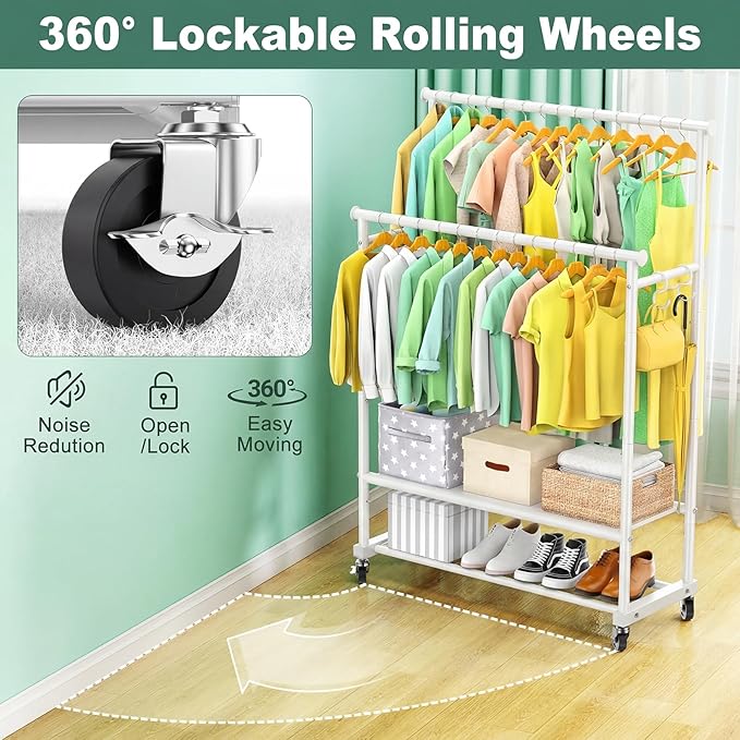 Double Rods Clothes Rack for Hanging Clothes, Heavy Duty Rolling Clothing Rack with Wheels, Freestanding Garment Racks with Oxford Bottom Shelf and Mesh Bottom Shelf for Bedroom Laundry Living Room