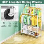 Double Rods Clothes Rack for Hanging Clothes, Heavy Duty Rolling Clothing Rack with Wheels, Freestanding Garment Racks with Oxford Bottom Shelf and Mesh Bottom Shelf for Bedroom Laundry Living Room