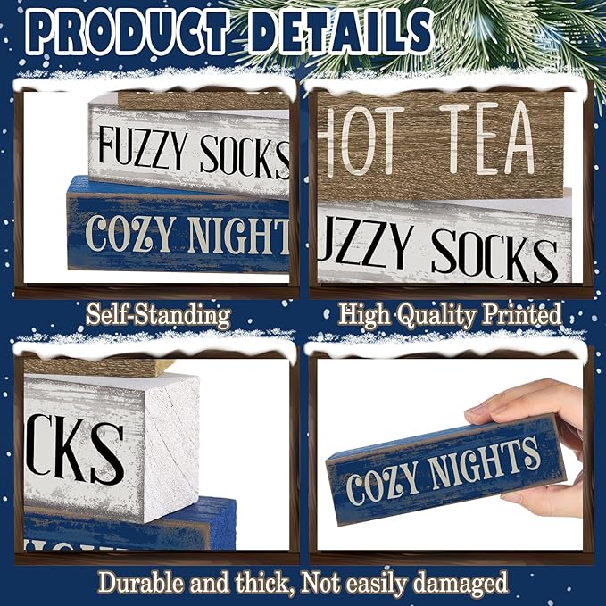 Lineshading 4 Pcs Winter Table Decorations Wooden Snowflake Truck Winter Tiered Tray Decor Christmas Centerpiece Rustic Decorative Truck Block Sign Gift Farmhouse Christmas Decor for Home Kitchen