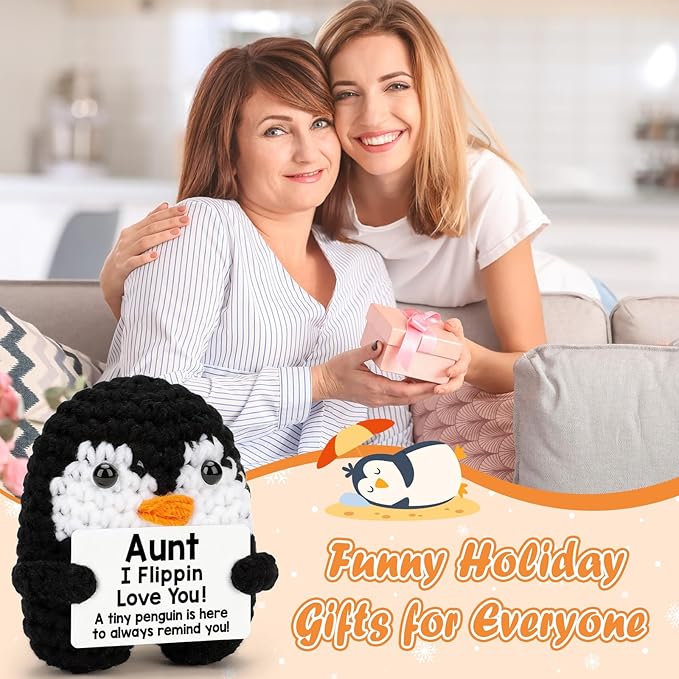 Belatelove Birthday Aunt Gifts from Nephew Niece, Handmade Crochet Penguin Birthday Mother's Day for Auntie Aunt, Funny I Love You Best Auntie Ever Cool Small Easter Decor
