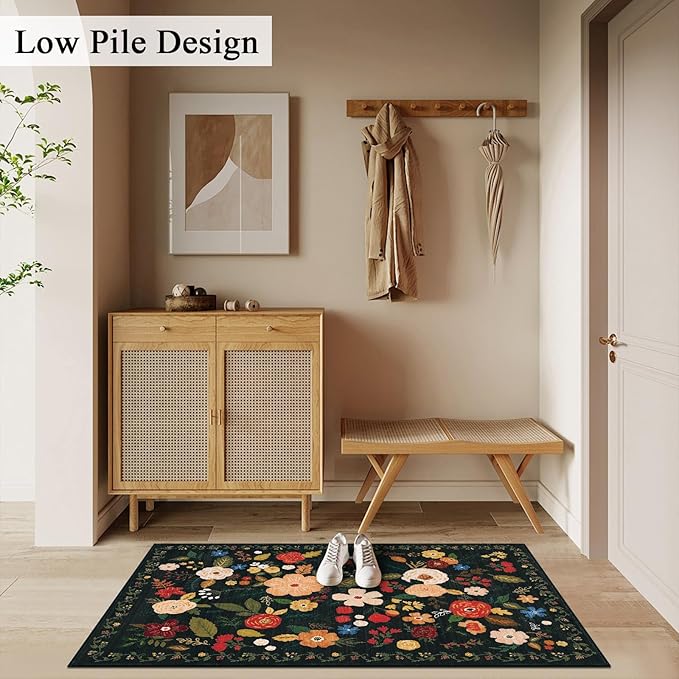 U'Artlines Indoor Door Mat Entrance Rug 2'x3'Soft Non Slip Machine Washable Floral Small Area Rug Carpet for Entryway Kitchen Bathroom Bedroom Black Green