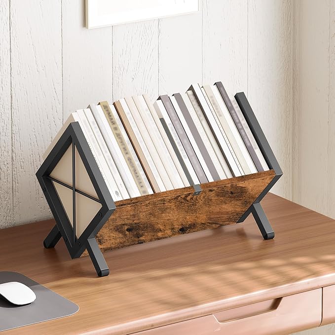 YATINEY Vinyl Record Holder, Record Storage Rack Holds 80-100 LP，Wooden and Metal Record Organizer, Quick Assembly Magazine Holder for CDs, Magazine, Albums, Rustic Brown and Black CJ06BR