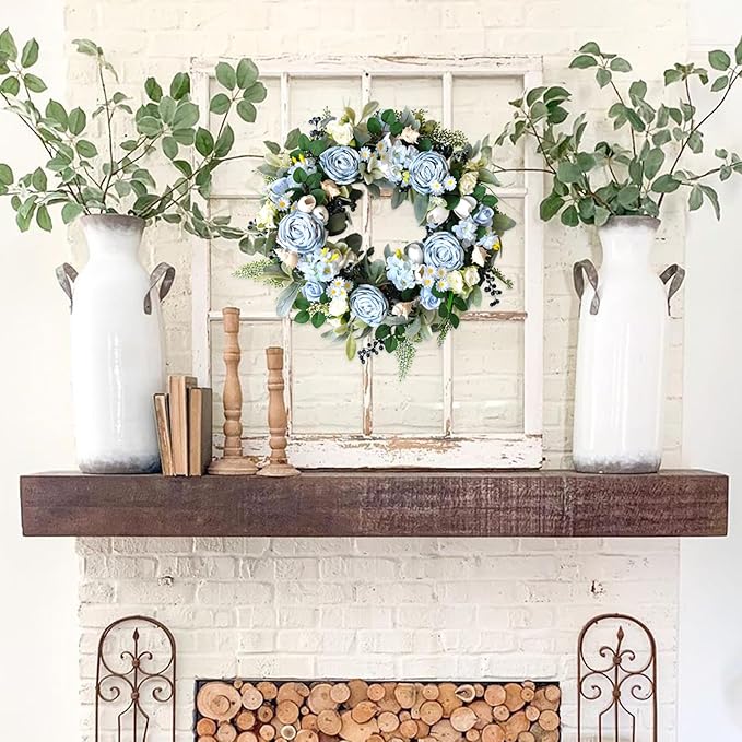 24 inch Spring Front Door Wreath Blue Rose Spring/Summer Flower Wreath Indoor Outdoor Decoration Wedding Birthday Party Decoration