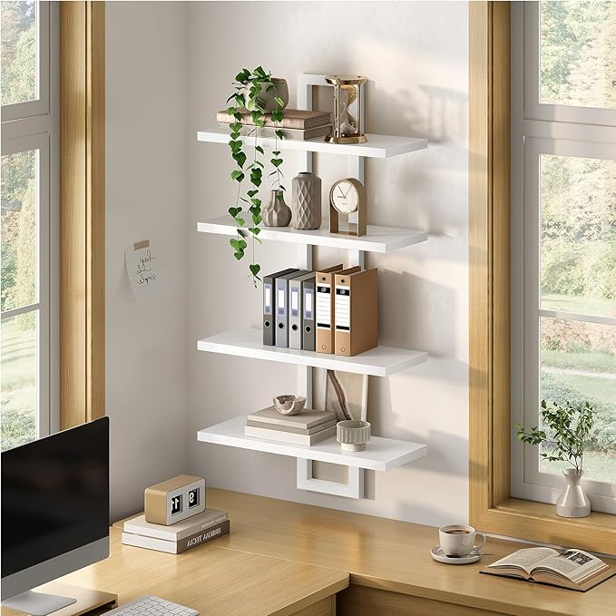HOOBRO Floating Shelves, 15 Inch Wall Shelf Set of 2, Wall Mounted Storage Shelves 2-Tier, Hanging Bathroom Shelves, for Living Room, Bedroom, Bathroom, Kitchen, White WW32BJ01