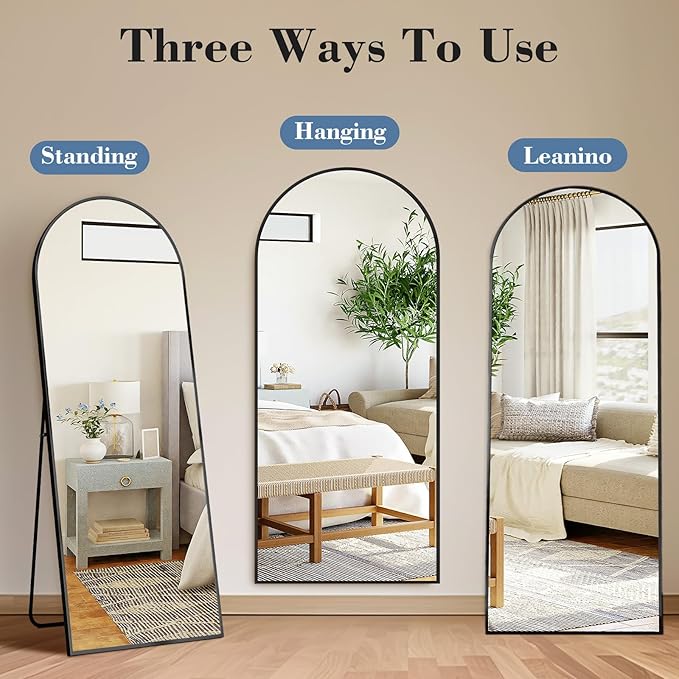 DUMOS 58"x19" Arched Full Length Mirror with Stand, Floor Standing Aluminum Frame, Shatter-Proof Nano Glass for Bedroom, Living Room, Cloakroom – Modern Simple Home Decor,Hanging or Leaning,Black