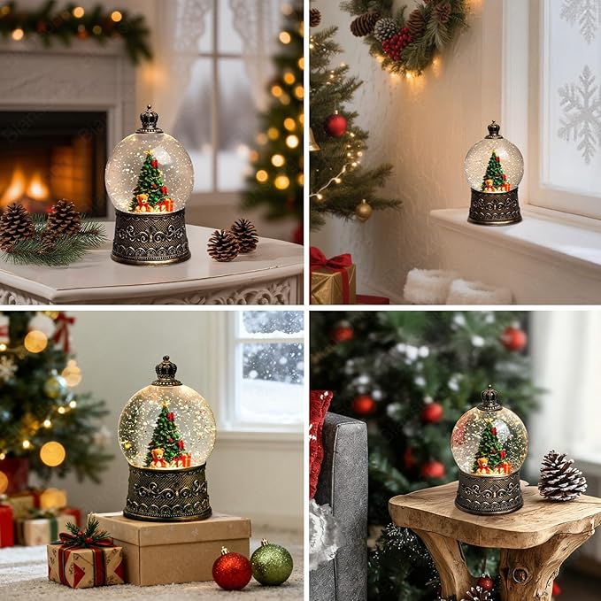 Christmas Tree Snow Globe Christmas Decorations Indoor Gifts Auto Snowfall Glitter Music Collection Teddy Bear Gift Box with 6H Timer USB/Battery Powered 105mm Globe