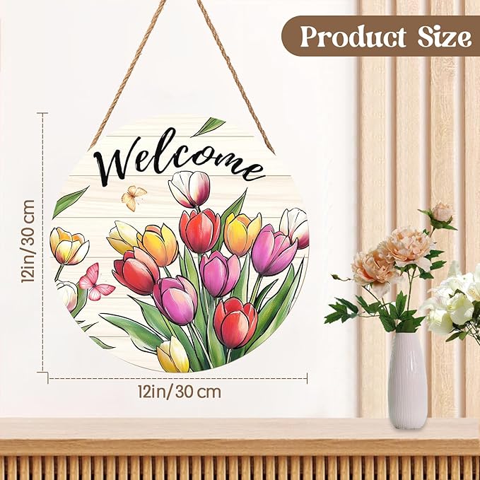 Spring Summer Welcome Sign for Front Door Decor Spring Flower Wall Hanging Sign Spring Decorations Floral Wooden Wreath Farmhouse Door Hanger Sign for Spring Summer Party Indoor Outdoor Decor 12 Inch