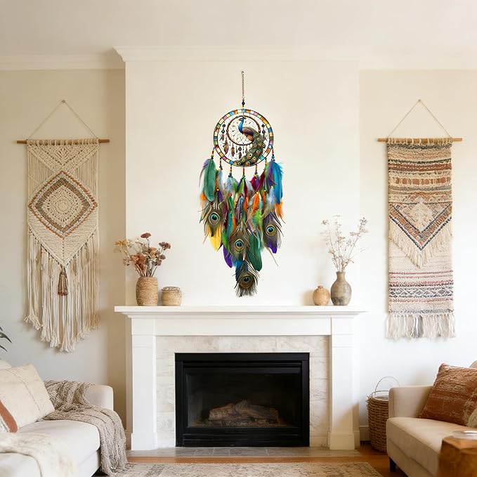 Dream Catcher Wall Hanging Decor for Bedroom Aesthetic, Handmade Traditional Wall Art with Feathers for Living Room, Nursery, Good Vibes Gift for Women,Girls,Home Decoration Wedding Party (Peacock)