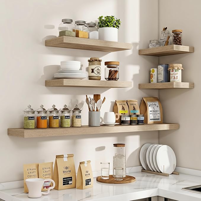 Acovy 16 Inch Floating Shelves, 3D Textured Wood Grain, 16"x9.25"x1.5" Inch Deep Floating Shelves for Wall, Wooden Shelves for Bathroom, Bedroom, Living Room, Vintage White Oak, 2 Pieces