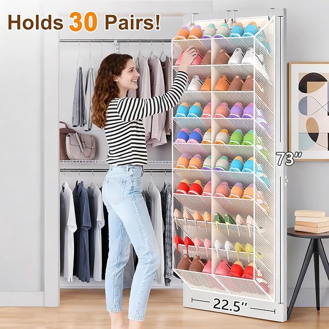 20-30 Pairs Over the Door Shoe Organizer, Breathable Mesh Pocket Hanging Shoe Storage for Closet, 10-Tier Door Shoes Rack, Handing Shoes Holder Fit All the Family's Sneakers, Boots, Heels, Beige