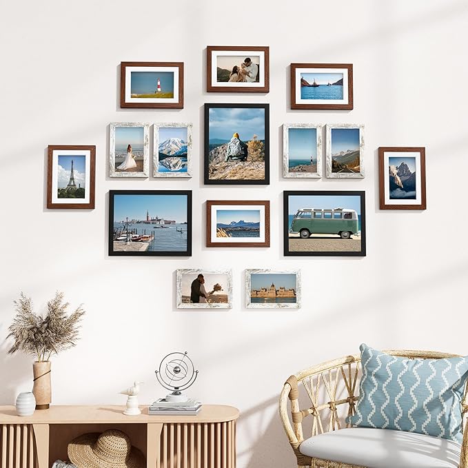 Vittanly 15 Pack Picture Frames Collage Wall Decor for Mounting or Tabletop Display, Gallery Frame Set Including 3pcs 8x10, 6pcs 5x7, 6pcs 4x6, Black, Walnut Brown and Distressed White