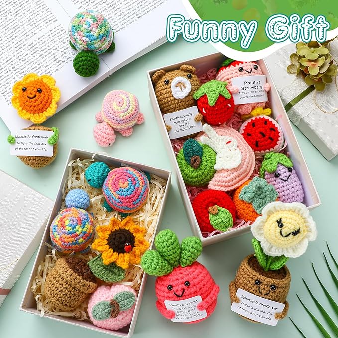 VioraWhite 18 Pcs Christmas Positive Fruit Crochet Animal Dolls with Cheer Cards Stocking Fillers Emotional Crochet Potato Support Handmade Knitted Toy Bulk for Employee Appreciation Gifts