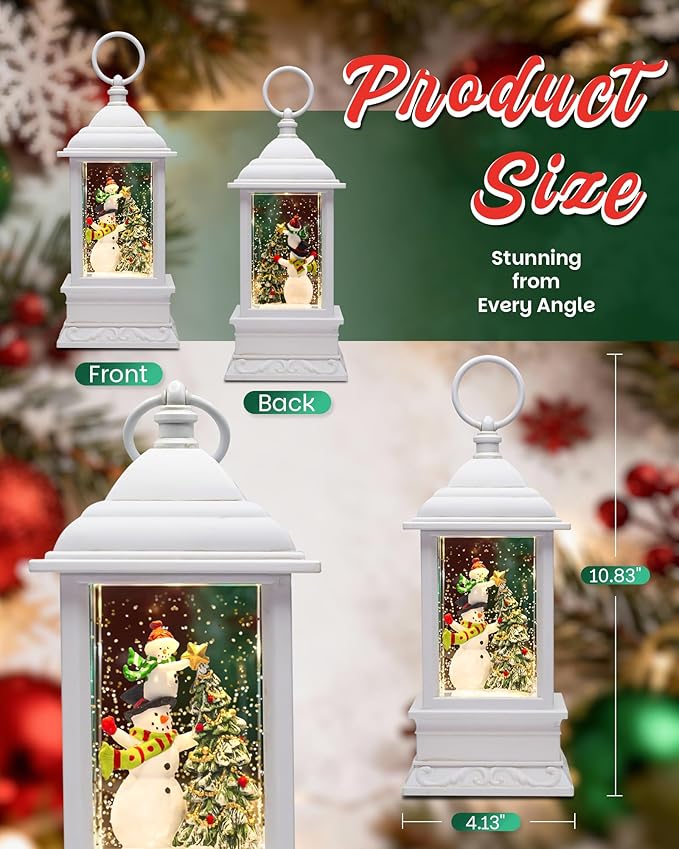 Christmas Snowman Snow Globe Light up Lantern with 8 Songs, 10.83" White Christmas Snow Globes for Kids Adults, 6H Timer & Dual Power, Snowglobes Christmas Decorations Indoor, Gifts for Women Men