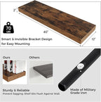 Venusmiles Floating Shelves for Wall, 40" W x 12" D x 2" H, 1 Pack of Long Wall Mounted Engineered Wood Shelves with Invisible Brackets for Living Room, Bedroom, Bathroom, Kitchen Decor, Brown