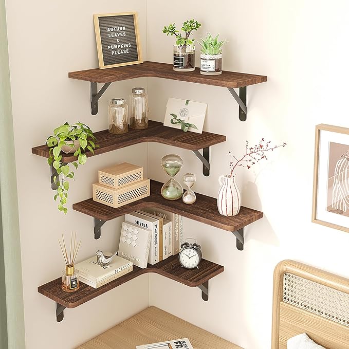 Fixwal Corner Floating Shelves for Wall Set of 5, Rustic Wood Wall Mounted Shelf for Bathroom, Kitchen, Bedroom, Home Decor, Laundry Room, Living Room (Dark Carbonized Black)