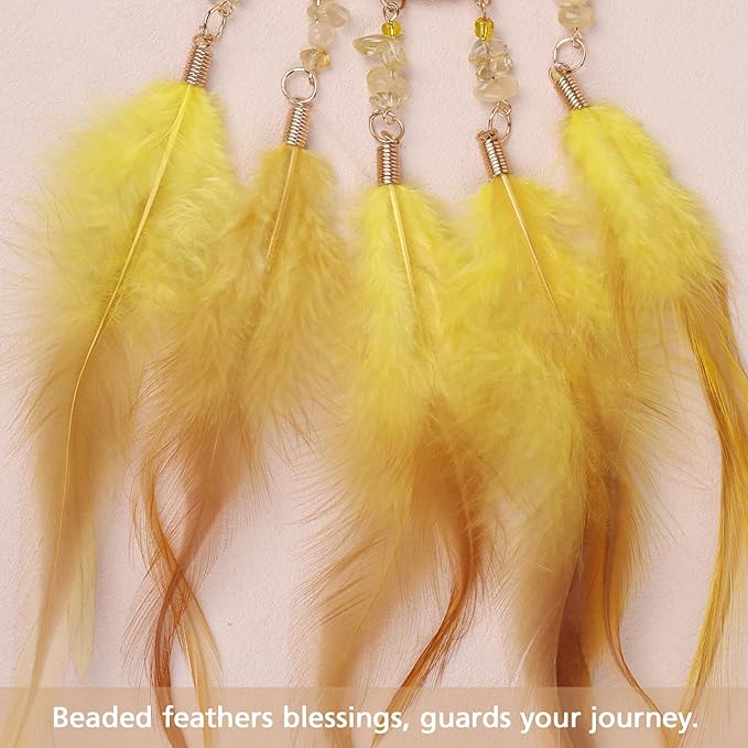 Pretty Jolly Small Tree of Life Crystal Stone Dream Catchers Yellow Feathers Mini Dreamcatchers for Cars Rear View Mirror Hanging Decoration Good Luck Travel Charm Bedroom Ornaments for Women Girls