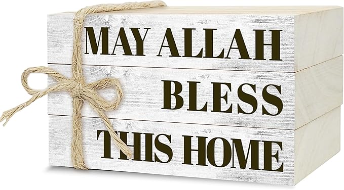 Wooden Decorative Book Stack for Table & Living Room Bookshelf - Christian Farmhouse Style, May Allah Bless This Home Decor (L24)