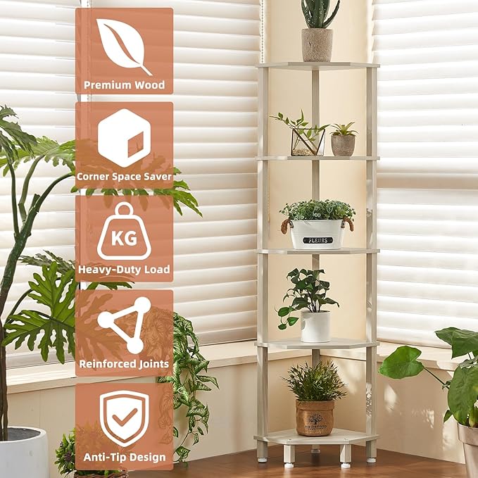 YUFAM 5-Tier Corner Shelf with Sturdy 5-Leg Base, Wooden Corner Bookshelf for Small Spaces, Corner Standing Shelf for Living Room, Bedroom, Office, Grey White