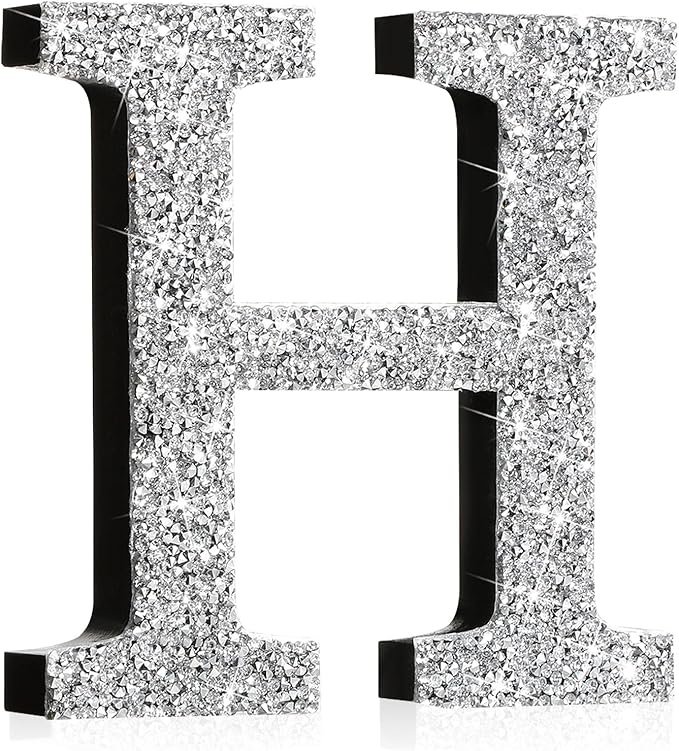 Qunclay 5.7" Silver Crystal Diamond Bling Letters Crushed Diamond Decoration Wooden Glitter Letter with Screw and Hooks Rhinestone Gift for Wedding Y2k Mcbling Bedroom Wall Decor (Letter H)