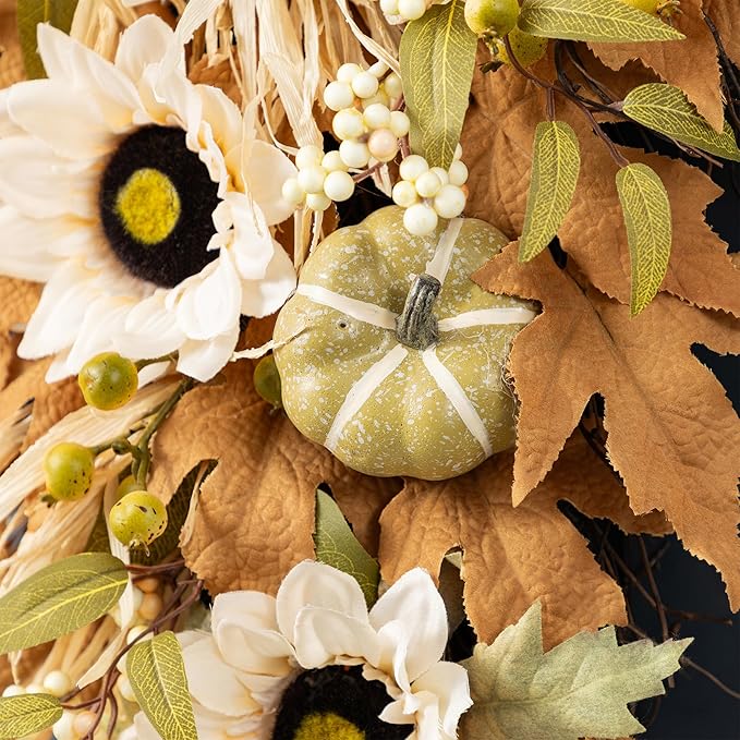 Glitzhome 2 Pcs Fall Teardrop Swags for Front Door, 28''H Autumn Swag with Neutral Sunflower, Pumpkin and Leaf, Fall Swags for Front Door, Thanksgiving Harvest Festivals Decor