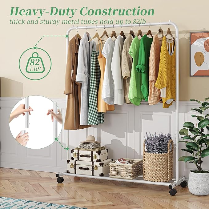 Simple Trending Standard Clothes Clothing Garment Rack with Storage Shelves, Rolling Clothes Organizer on Wheels for Hanging Clothes, White