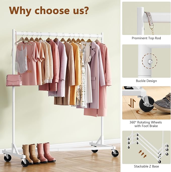 Hoctieon Z Rack, Rolling Clothes Racks with Z-Base, Heavy Duty Garment Rack, Clothing Racks for Hanging Clothes, Sturdy Metal Hanging Holder, Clothes Organizer Rack, White