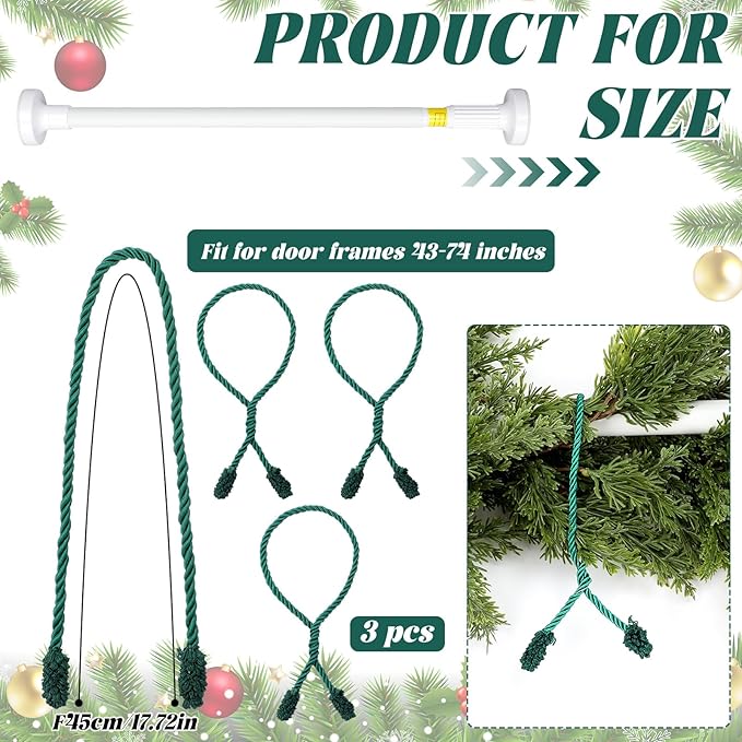 Leinuosen Christmas Front Door Garland Hanger 43-74 Inch Adjustable Christmas Wreath Hanger Stainless Steel Retractable Rod with 3 Green Tie Ropes No Nail Screw No Damage for Xmas DIY Hanging (White)