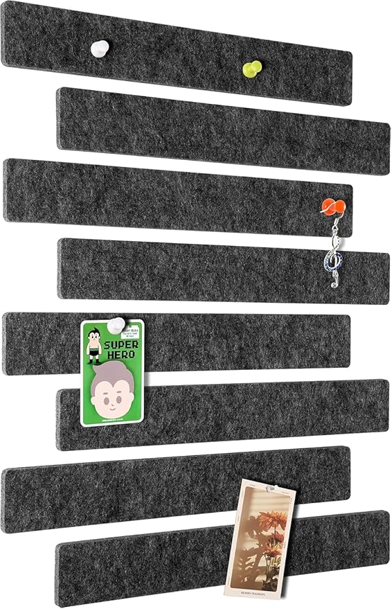 Cork Board for Walls - 8 Pack Felt Pin Board Bar Strips - Self-Adhesive Lightweight Bulletin Board - Cork Board for Office with 40 Push Pins No Damage for Wall (Dark Grey)