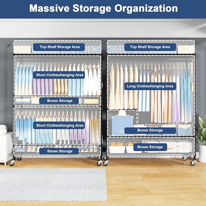 P8C Max Heavy Duty Clothes Rack（With Extended Width Design） Rolling Clothing Racks for Hanging Clothes with Lockable Wheels，51.2" W x 15.8" D x 80.5" H，Load 700LBS，Black Rack with Grey Cover