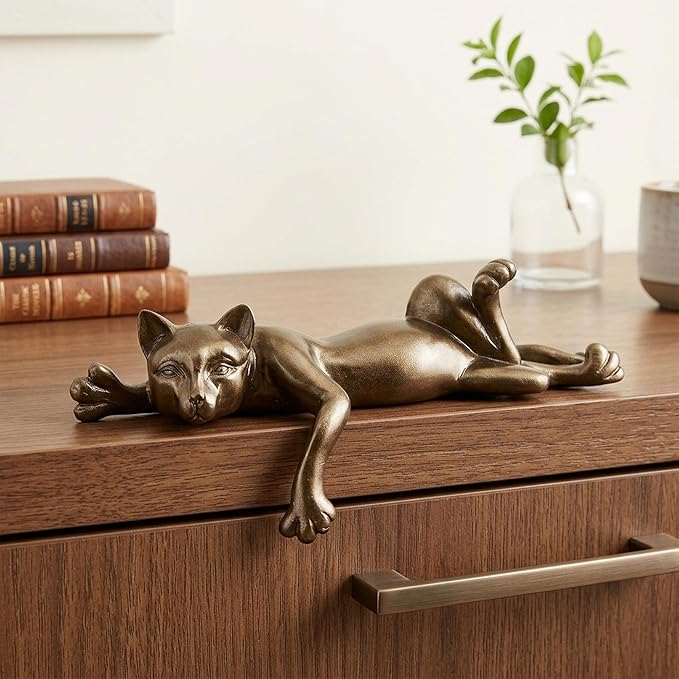 Golden Cat Resin Statue - Relaxing Lying Down Pose Cute Sleeping Kitten Golden Cat Figurine for Home Decor Minimalist Animal Statues for Bookshelf, Living Room, Bedroom, Office Desk Decor