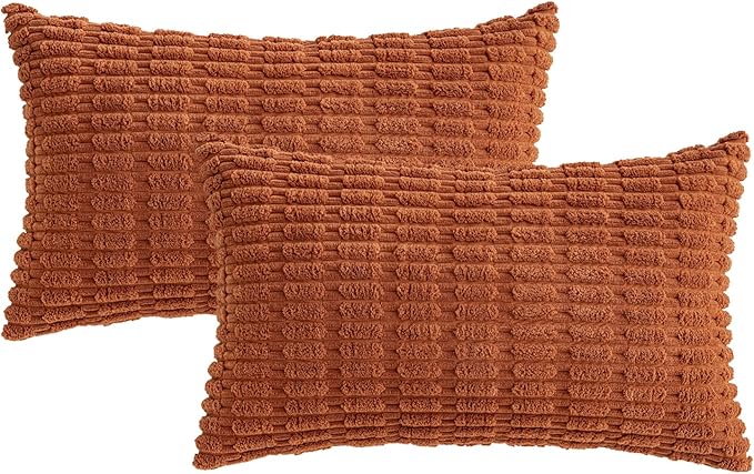 MIULEE Pack of 2 Rust Corduroy Decorative Lumbar Pillow Covers 20x12 Inch Soft Boho Striped Throw Pillow Covers Modern Farmhouse Home Decor for Summer Sofa Living Room Couch Bed