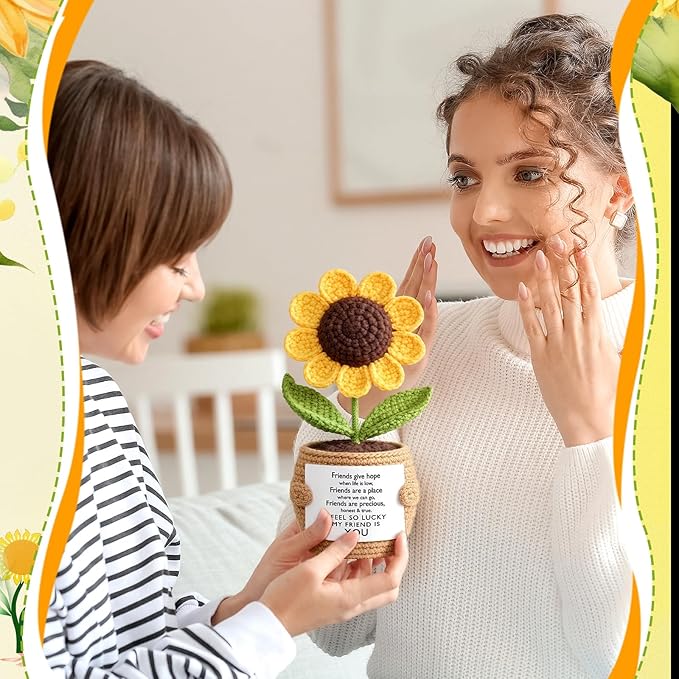 Wavwavw 1 Pcs Friends Gifts for Women, Galentines Graduation Handmade Sunflower Crochet Doll with Positive Card for Female Birthday BFF Bestie Gifts (My Friends)