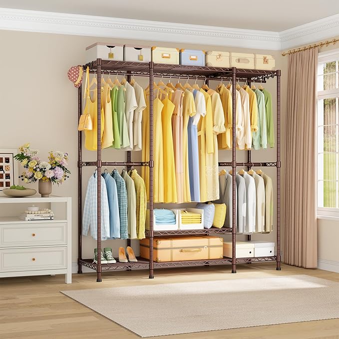 Ulif E3 Heavy Duty Garment Rack, 4 Tiers Freestanding Closet Organizer System with 5 Shelves, Metal Closet Organizer and Storage System for Clothes, Max Load 850lbs, 58.4"W x 15.7"D x 77.3"H, Bronze