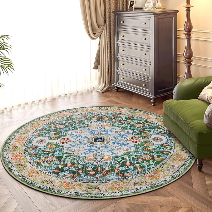 U'Artlines Boho Round Vintage Area Rug 4ft Machine Washable Low Pile Soft Floor Carpet Non Slip Non Shedding Accent Rug for Living Room Bedroom Entryway Dining Room Office Green