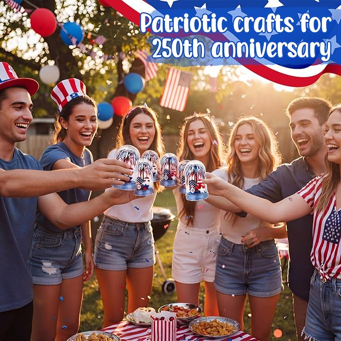 Sotiff 12 Sets 4th of July Themed Snow Globe Craft 250th Anniversary Party Supplies Firework Picks Mini Gnome Ornaments Stars Patriotic Heart Anniversary Party for Classroom Activities