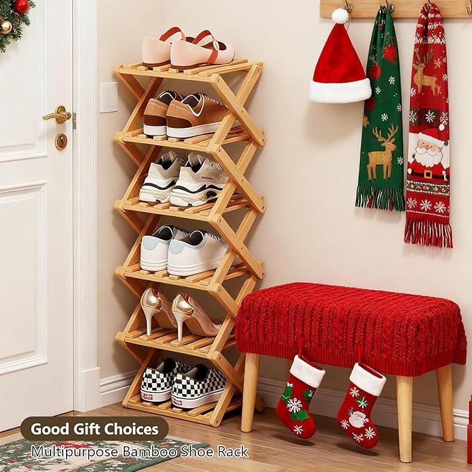 Simcat Bamboo Shoe Rack, Portable Folding Shoe Storage Rack,No Installation Free Standing Shoe Rack for Entryway, Closet, Dorm/Small Spaces (6 Tier)