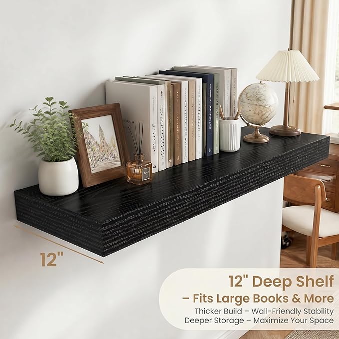 FLYJOE 24 Inch Long Floating Shelves for Wall Set of 1, 12" D Wood Grain Bathroom Shelves with Invisible Brackets, Easy Install Engineered Wood Storage Shelves for Kitchen, Living Room, Bedroom