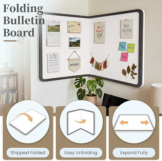 Bulletin Board, 48 x 36 inches Decorative Felt Board Foldable Photo Board Pin Boards, Cork Board Alternative for Walls, Office, Home, Classroom with Pushpins ＆ Small Storage Bag, Black