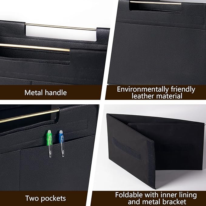 Leather Magazine Holder Foldable with Handles，Stable Magazine Rack Floor，Magazine Basket File Holder Storage，Document File Folder Organizer Free Standing for Office Living Room (black)